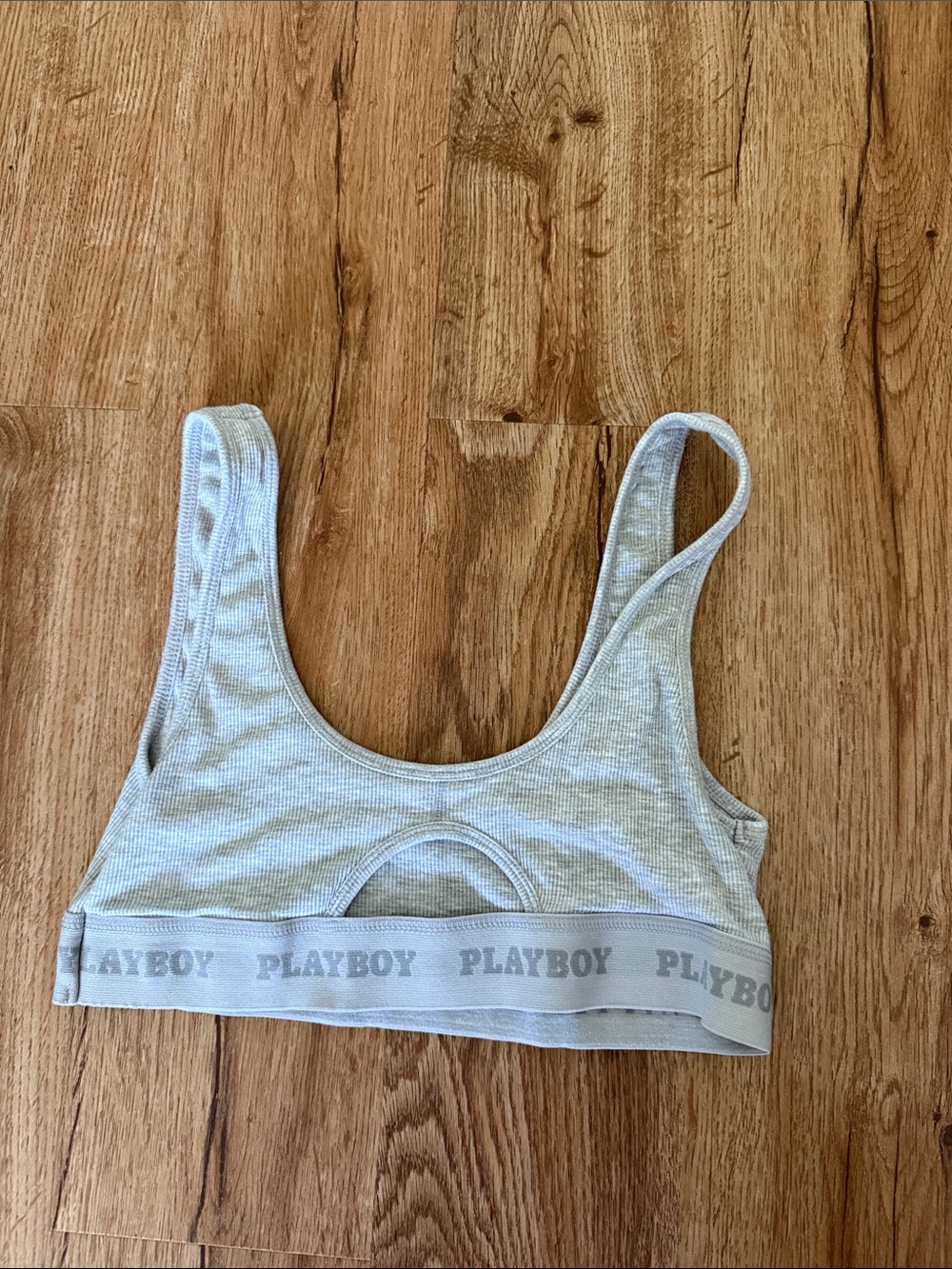 PLAYBOY Light Gray Ribbed Logo Bralette